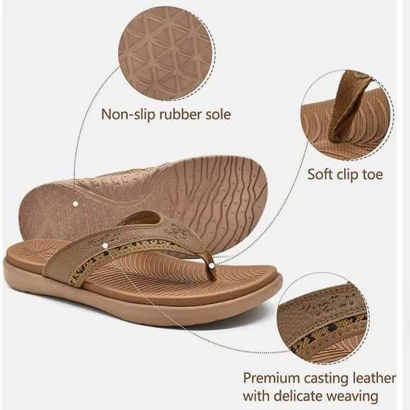 KuaiLu Leather Sport Flip Flops Comfort Orthotic Thong size 13 Brown Sandals NEW