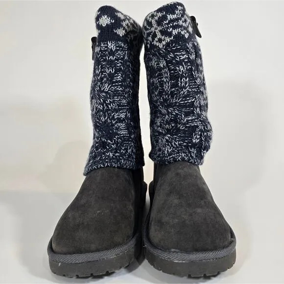 L Essentials by Muk Luks Grey Blue Knit Cheryl Snow Boots NWT Size 6 Winter Cozy