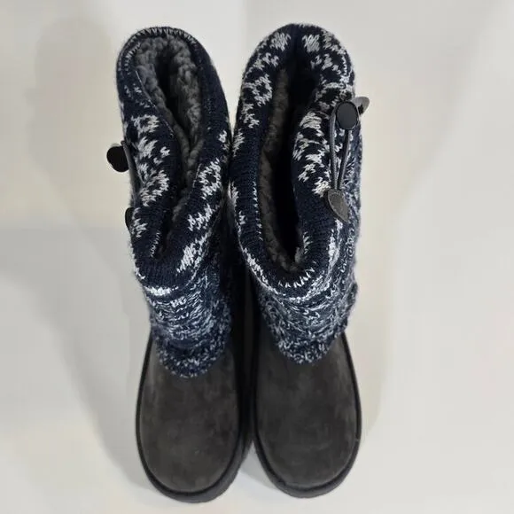 L Essentials by Muk Luks Grey Blue Knit Cheryl Snow Boots NWT Size 6 Winter Cozy