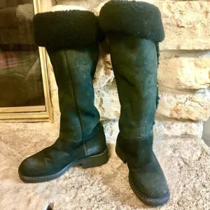 LA CANADIENNE Tamy Black Suede Shearling Leather Tall Sherpa Lined Boots Size 6