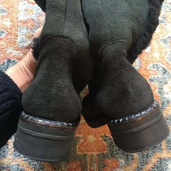 LA CANADIENNE Tamy Black Suede Shearling Leather Tall Sherpa Lined Boots Size 6