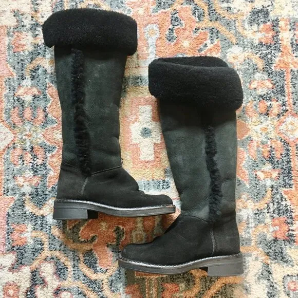 LA CANADIENNE Tamy Black Suede Shearling Leather Tall Sherpa Lined Boots Size 6