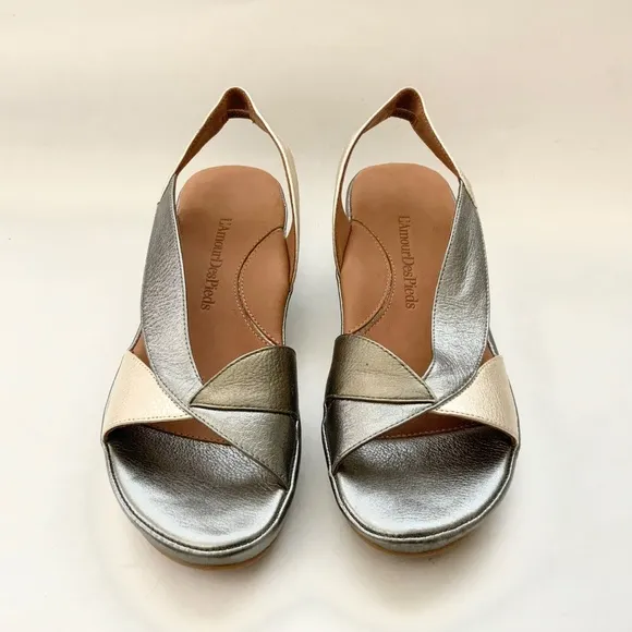 L’Amour Des Pieds Crotono Wedge Platform Sandals Silver Leather Slingback Shoes