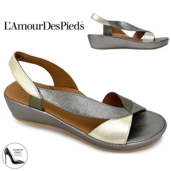 L’Amour Des Pieds Crotono Wedge Platform Sandals Silver Leather Slingback Shoes