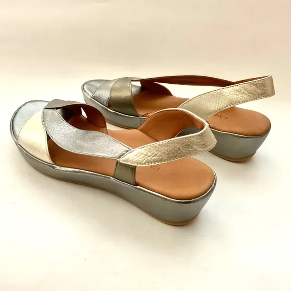 L’Amour Des Pieds Crotono Wedge Platform Sandals Silver Leather Slingback Shoes