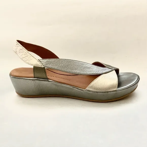 L’Amour Des Pieds Crotono Wedge Platform Sandals Silver Leather Slingback Shoes