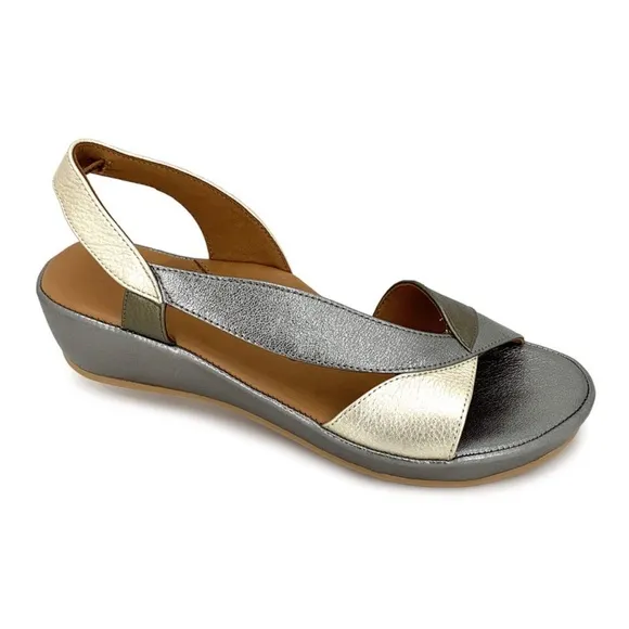 L’Amour Des Pieds Crotono Wedge Platform Sandals Silver Leather Slingback Shoes