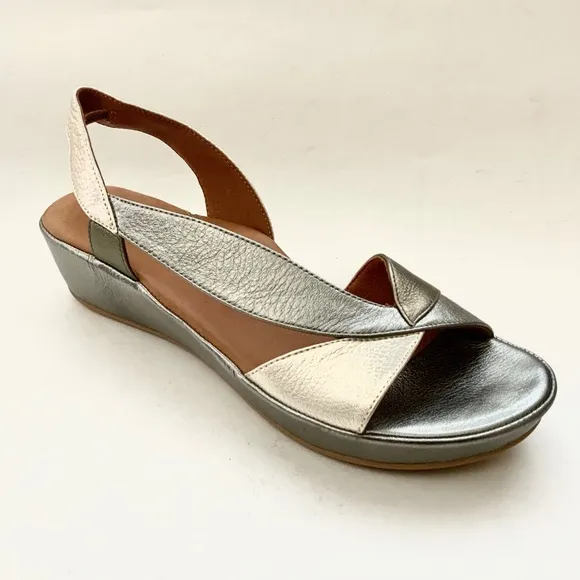 L’Amour Des Pieds Crotono Wedge Platform Sandals Silver Leather Slingback Shoes