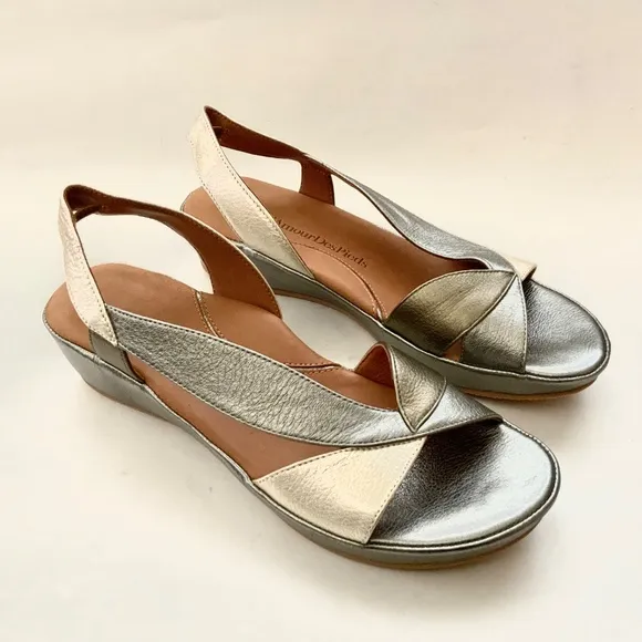 L’Amour Des Pieds Crotono Wedge Platform Sandals Silver Leather Slingback Shoes