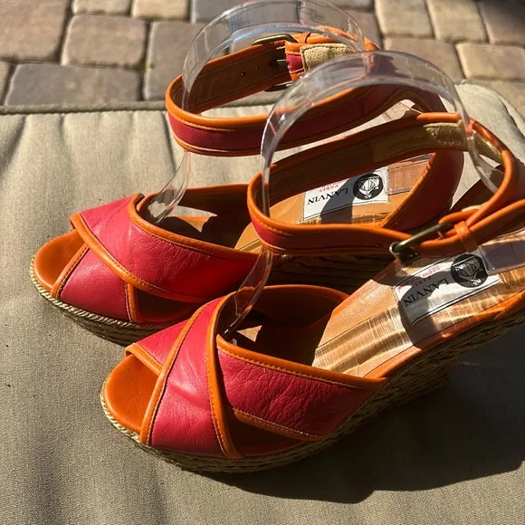 Lanvin Paris Calf Leather Jute Espadrilles Sz 39 Orange Pink Wedge Shoes EUC