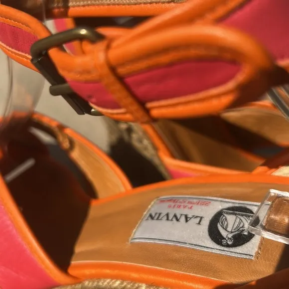 Lanvin Paris Calf Leather Jute Espadrilles Sz 39 Orange Pink Wedge Shoes EUC