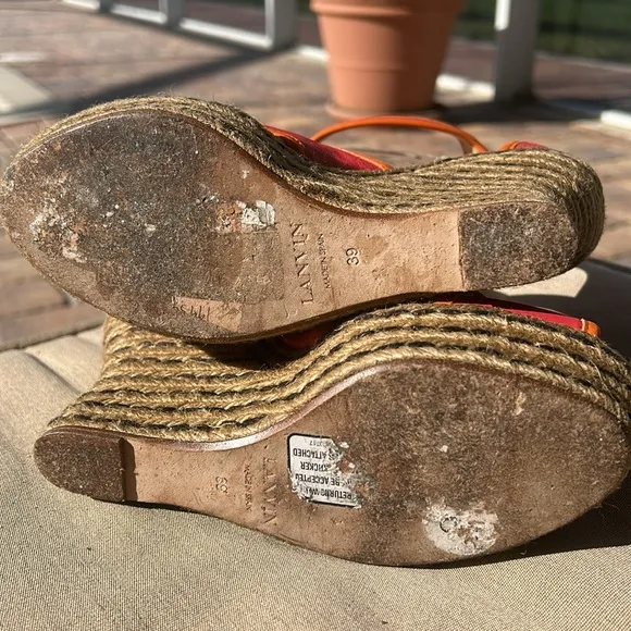 Lanvin Paris Calf Leather Jute Espadrilles Sz 39 Orange Pink Wedge Shoes EUC
