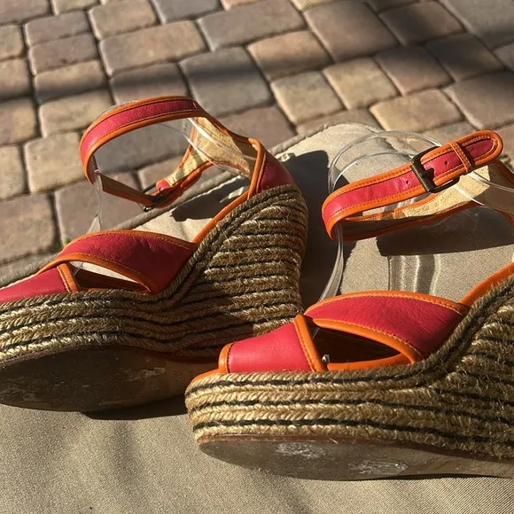 Lanvin Paris Calf Leather Jute Espadrilles Sz 39 Orange Pink Wedge Shoes EUC