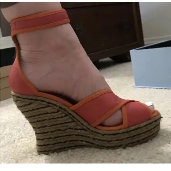Lanvin Paris Calf Leather Jute Espadrilles Sz 39 Orange Pink Wedge Shoes EUC