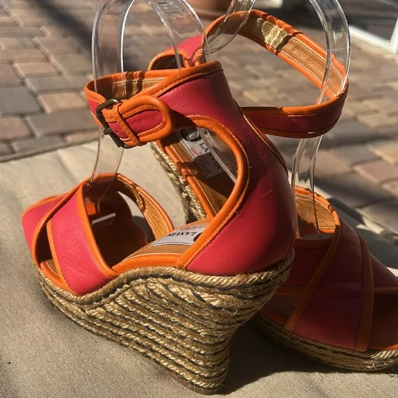 Lanvin Paris Calf Leather Jute Espadrilles Sz 39 Orange Pink Wedge Shoes EUC