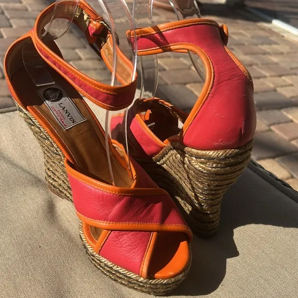 Lanvin Paris Calf Leather Jute Espadrilles Sz 39 Orange Pink Wedge Shoes EUC