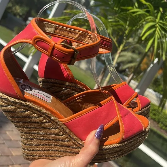Lanvin Paris Calf Leather Jute Espadrilles Sz 39 Orange Pink Wedge Shoes EUC