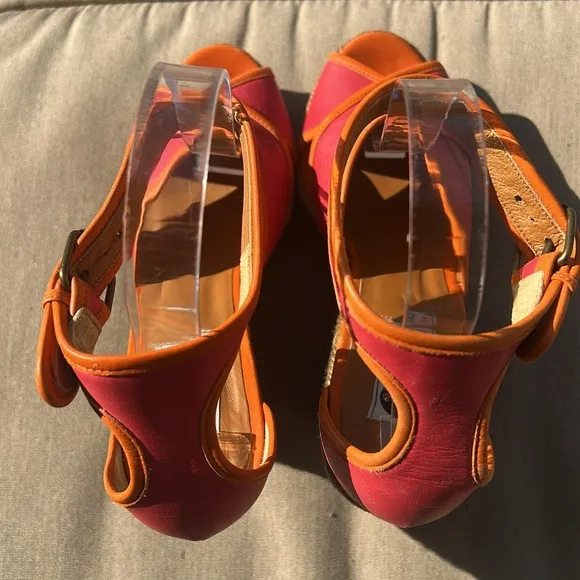 Lanvin Paris Calf Leather Jute Espadrilles Sz 39 Orange Pink Wedge Shoes EUC