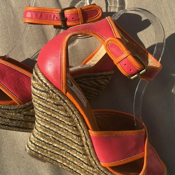 Lanvin Paris Calf Leather Jute Espadrilles Sz 39 Orange Pink Wedge Shoes EUC