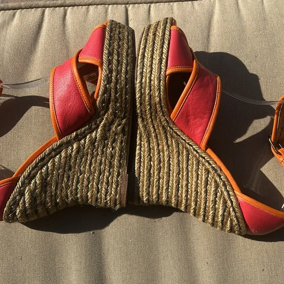 Lanvin Paris Calf Leather Jute Espadrilles Sz 39 Orange Pink Wedge Shoes EUC