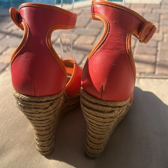 Lanvin Paris Calf Leather Jute Espadrilles Sz 39 Orange Pink Wedge Shoes EUC