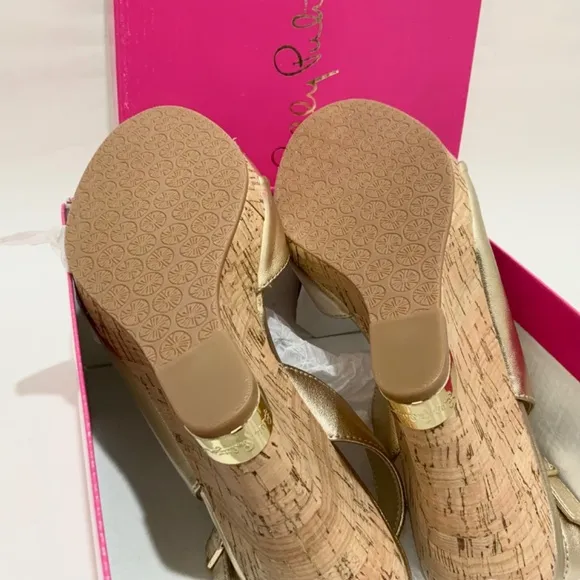 Lilly Pulitzer CHRISTINE WEDGE Slingback Gold Metallic Leather Sandals Pumps 8.5
