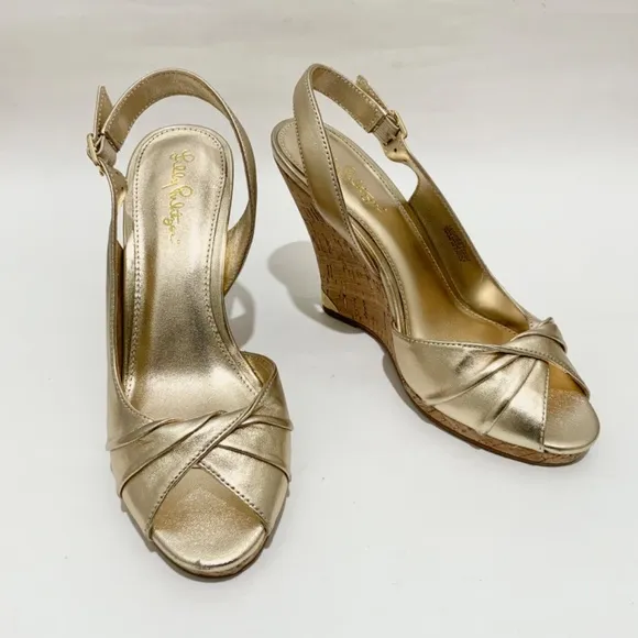 Lilly Pulitzer CHRISTINE WEDGE Slingback Gold Metallic Leather Sandals Pumps 8.5