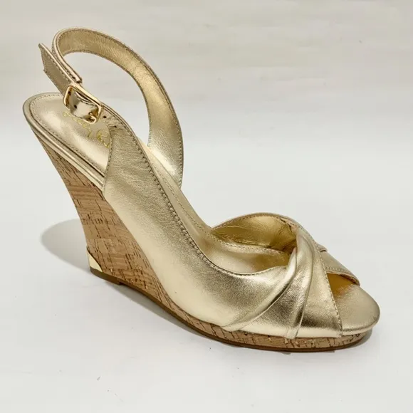 Lilly Pulitzer CHRISTINE WEDGE Slingback Gold Metallic Leather Sandals Pumps 8.5