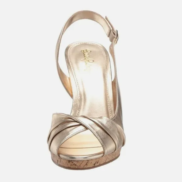 Lilly Pulitzer CHRISTINE WEDGE Slingback Gold Metallic Leather Sandals Pumps 8.5