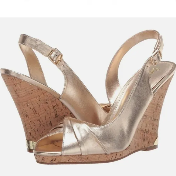 Lilly Pulitzer CHRISTINE WEDGE Slingback Gold Metallic Leather Sandals Pumps 8.5