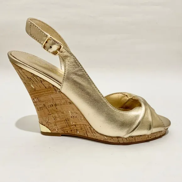 Lilly Pulitzer CHRISTINE WEDGE Slingback Gold Metallic Leather Sandals Pumps 8.5