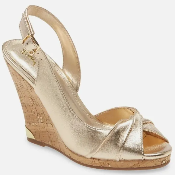 Lilly Pulitzer CHRISTINE WEDGE Slingback Gold Metallic Leather Sandals Pumps 8.5