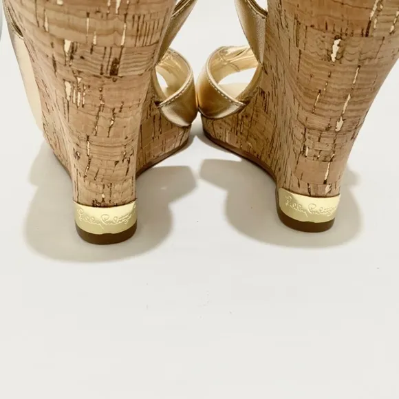 Lilly Pulitzer CHRISTINE WEDGE Slingback Gold Metallic Leather Sandals Pumps 8.5