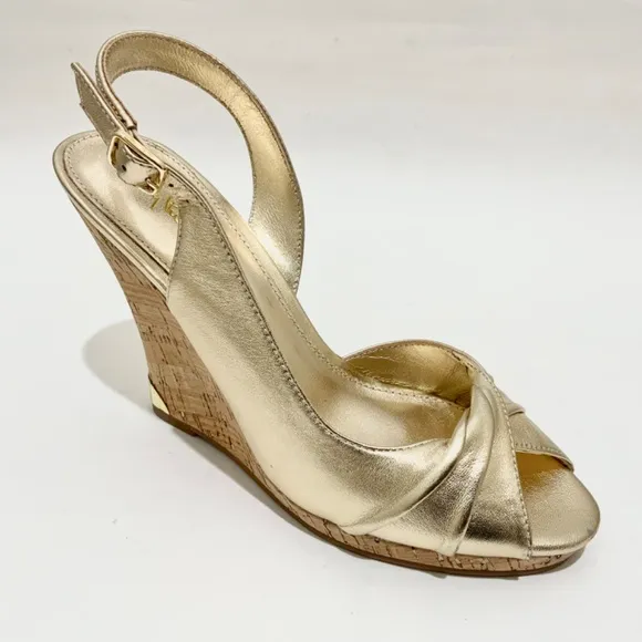 Lilly Pulitzer CHRISTINE WEDGE Slingback Gold Metallic Leather Sandals Pumps 8.5
