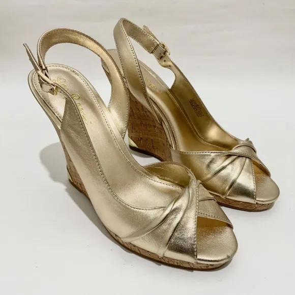 Lilly Pulitzer CHRISTINE WEDGE Slingback Gold Metallic Leather Sandals Pumps 8.5