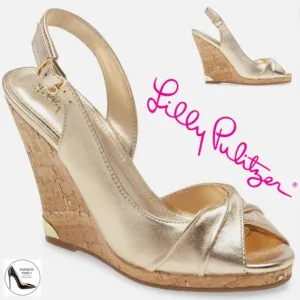 Lilly Pulitzer CHRISTINE WEDGE Slingback Gold Metallic Leather Sandals Pumps 8.5