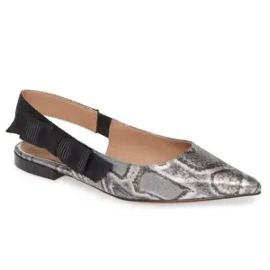 Linea Paolo Darcy ll Leather Slingback Side Bow Silver &amp; Black Flat Size 6.5