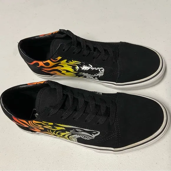 Lion Shark Juniors 7 Vans Old Skool Black Flame Racing Sneakers Shoes Retro