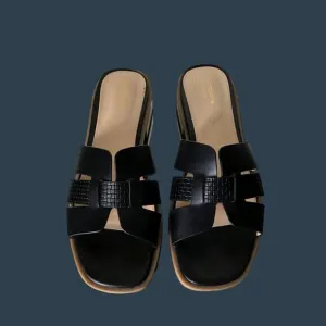 Liz Claiborne Womens Black Leather Slide Sandals Size 9 With Textured Straps &amp; W