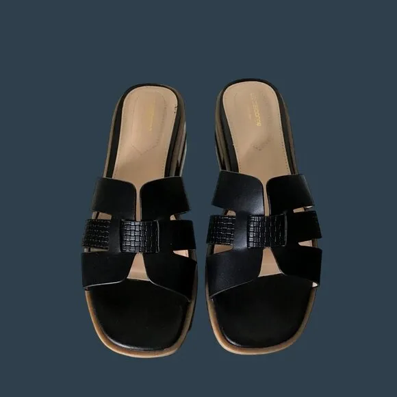 Liz Claiborne Womens Black Leather Slide Sandals Size 9 With Textured Straps &amp; W