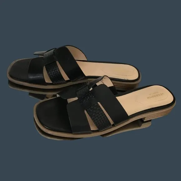 Liz Claiborne Womens Black Leather Slide Sandals Size 9 With Textured Straps &amp; W