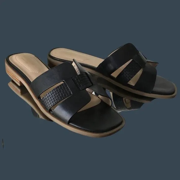 Liz Claiborne Womens Black Leather Slide Sandals Size 9 With Textured Straps &amp; W