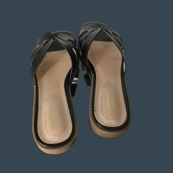 Liz Claiborne Womens Black Leather Slide Sandals Size 9 With Textured Straps &amp; W
