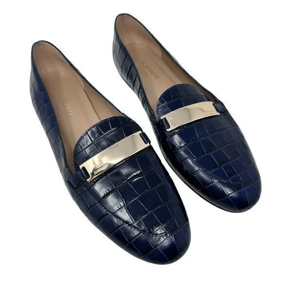 LK Bennett Primrose Navy Croc-Effect Blue Leather Slip-On Loafers Size 39