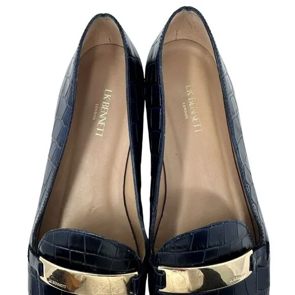 LK Bennett Primrose Navy Croc-Effect Blue Leather Slip-On Loafers Size 39