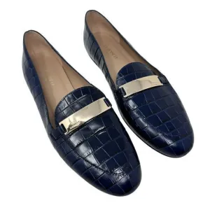 LK Bennett Primrose Navy Croc-Effect Blue Leather Slip-On Loafers Size 39