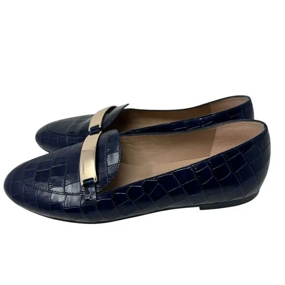 LK Bennett Primrose Navy Croc-Effect Blue Leather Slip-On Loafers Size 39