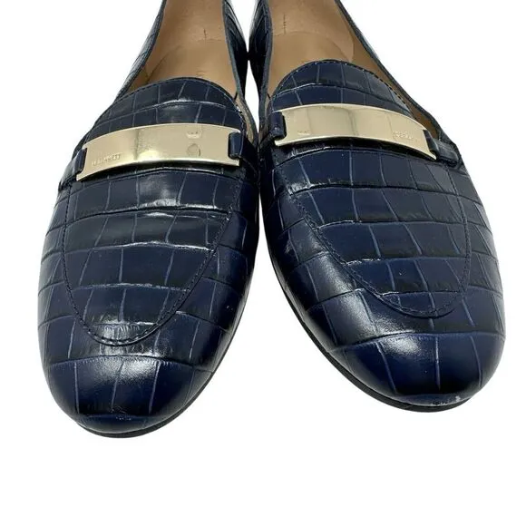 LK Bennett Primrose Navy Croc-Effect Blue Leather Slip-On Loafers Size 39