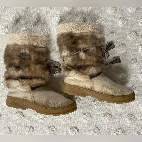 L.L. Bean Faux Fur Sherpa Lined Winter Boots White Tan Shearling