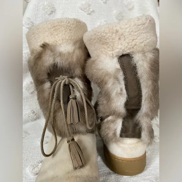 L.L. Bean Faux Fur Sherpa Lined Winter Boots White Tan Shearling